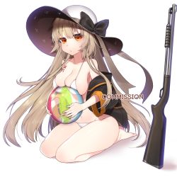 Rule 34 | 1girl, ball, bare legs, bare shoulders, barefoot, beachball, bikini, black bow, black jacket, blonde hair, bow, breast press, breast tattoo, breasts, character name, cleavage, collarbone, commission, eyelashes, full body, girls&#039; frontline, gun, hat, hat bow, highres, holding, holding ball, ia (ias1010), ithaca m37, jacket, large breasts, long hair, long sleeves, looking at viewer, m37 (girls&#039; frontline), m37 (summer parader) (girls&#039; frontline), navel, off shoulder, official alternate costume, open clothes, open jacket, orange eyes, pump action, seiza, shotgun, simple background, sitting, solo, stomach, string bikini, sun hat, swimsuit, tattoo, thighs, transparent, very long hair, weapon, white background, white bikini, white hat