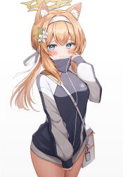 Rule 34 | 1girl, absurdres, animal ear fluff, animal ears, blue archive, blue eyes, blush, closed mouth, commentary, flower, gym uniform, hair flower, hair ornament, hair ribbon, hairband, halo, highres, jacket, jacket tug, long hair, long sleeves, looking at viewer, mari (blue archive), mari (track) (blue archive), multicolored clothes, multicolored jacket, official alternate costume, orange hair, pluto (97dwnstjq), ribbon, sidelocks, simple background, solo, sweatdrop, symbol-only commentary, track jacket, two-tone jacket, white background, white bag, white flower, white hairband