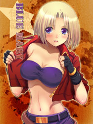 Rule 34 | 1girl, bad id, bad pixiv id, belt, blonde hair, blue eyes, blue mary, breasts, cleavage, enomoto hidehira, fatal fury, fingerless gloves, gloves, large breasts, midriff, navel, short hair, sleeves rolled up, smile, snk, solo, the king of fighters