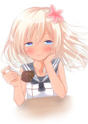 Rule 34 | 10s, 1girl, absurdres, blue eyes, blush, cake, crop top, feeding, flower, food, fork, go-1, hair flower, hair ornament, hand on own cheek, hand on own face, highres, incoming food, kantai collection, long hair, looking at viewer, pov, pov feeding, ro-500 (kancolle), sailor collar, smile, solo, tan
