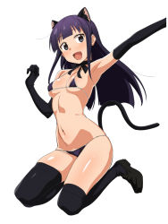 Rule 34 | 1girl, :d, animal ears, armpits, arms up, bare shoulders, bikini, black eyes, black gloves, black thighhighs, blunt bangs, breasts, cat ears, cat tail, choker, copyright name, covered erect nipples, elbow gloves, full body, gloves, jumping, loafers, loliconder, long hair, micro bikini, navel, open mouth, outstretched arm, purple bikini, purple hair, ribbon choker, shoes, simple background, small breasts, smile, solo, swimsuit, tail, thighhighs, white background, working!!, yamada aoi