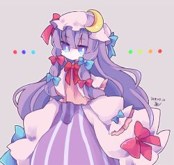 Rule 34 | 1girl, artist name, blue bow, bow, bowtie, bright pupils, cosmicmind, crescent, crescent hat ornament, dated, dress, grey background, hair between eyes, hair bow, hat, hat bow, hat ornament, long hair, long sleeves, looking at viewer, mob cap, outline, patchouli knowledge, pink hat, purple dress, purple eyes, purple hair, red bow, red bowtie, simple background, sleeves past fingers, sleeves past wrists, solo, striped clothes, striped dress, touhou, upper body, white outline, white pupils