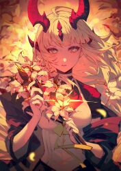 Rule 34 | 1girl, absurdres, ahoge, arknights, black jacket, black shirt, blue eyes, commentary request, dragon girl, dragon horns, dress, expressionless, fire, flower, highres, holding, holding flower, horns, jacket, looking at viewer, off shoulder, parted lips, reed (arknights), reed the flame shadow (arknights), shirt, short sleeves, sleeves past elbows, solo, turtleneck, upper body, white dress, white flower, white hair, yan ge