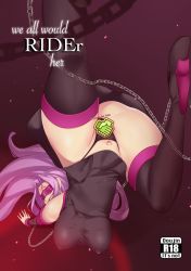 Rule 34 | 1girl, ass, aster crowley, black dress, black footwear, black panties, blindfold, boots, bouncing breasts, breasts, chain, covered erect nipples, detached sleeves, dress, english text, facial mark, fate/stay night, fate (series), forehead mark, handstand, high heel boots, high heels, highres, large breasts, long hair, looking back, medusa (fate), medusa (rider) (fate), panties, pubic tattoo, pun, purple hair, short dress, solo, strapless, strapless dress, string panties, tattoo, thigh boots, thighhighs, thighs, top-down bottom-up, underwear, very long hair