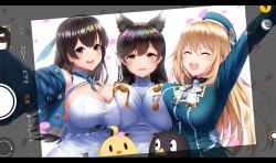 Rule 34 | 2others, 3girls, :d, ^ ^, absurdres, animal ears, arm up, atago (azur lane), atago (blue oath), atago (kancolle), azur lane, beret, black hair, blonde hair, blue headwear, blue jacket, blue neckwear, blue oath, blurry, blurry foreground, blush, breast press, breasts, buttons, cherry blossoms, cleavage, closed eyes, commentary request, cropped jacket, crossover, dress, extra ears, failure penguin, falling petals, gloves, hair between eyes, hair ribbon, has bad revision, has downscaled revision, hat, highres, historical name connection, holding, holding phone, jacket, kagiyama (clave), kantai collection, large breasts, long hair, looking at viewer, manjuu (azur lane), md5 mismatch, military, military uniform, mole, mole under eye, multiple crossover, multiple girls, multiple others, name connection, necktie, off shoulder, open clothes, open jacket, open mouth, petals, phone, fake phone screenshot, reaching, reaching towards viewer, red eyes, resolution mismatch, ribbon, selfie, short necktie, side-by-side, sidelocks, simple background, smile, source smaller, standing, swept bangs, symmetrical docking, taking picture, translation request, uniform, upper body, white background, white dress, white neckwear, white ribbon, yellow eyes, |d