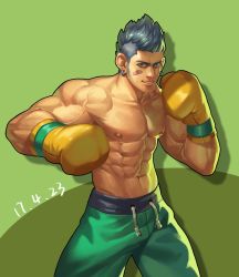 Rule 34 | 1boy, abs, bandaid, bandaid on cheek, bandaid on face, blue eyes, boxing, boxing gloves, clenched hand, dated, earrings, flexing, gloves, green background, green pants, grey hair, jewelry, jiajiuli, looking at viewer, male focus, muscular, muscular male, nipples, original, pants, pectorals, sideburns, solo, spiked hair, standing, yellow gloves