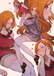 Rule 34 | 1girl, bare arms, bleach, blush, bow, bowtie, breasts, brown footwear, closed eyes, collared shirt, drooling, full body, grey jacket, grey skirt, hands on own cheeks, hands on own face, heart, highres, hood, hood down, hoodie, inoue orihime, jacket, large breasts, loafers, long hair, long sleeves, multiple views, open mouth, orange eyes, orange hair, parted bangs, pleated skirt, red bow, red bowtie, red shirt, salute, school uniform, sera (serappi), shirt, shoes, skirt, sleeping, sleeveless, sleeveless hoodie, smile, star (symbol), thighhighs, tongue, tongue out, upper body, white shirt, white skirt, white thighhighs