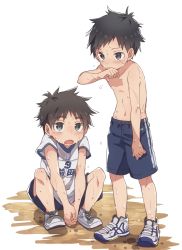 Rule 34 | 2boys, bad id, bad pixiv id, black hair, blue eyes, gym shirt, gym shorts, gym uniform, male focus, multiple boys, original, own hands together, shirt, shoes, shorts, simple background, sitting, sneakers, sweat, t-shirt, topless male, white background, wiping face, wool bl