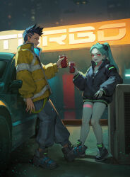 Rule 34 | 1boy, 1girl, :d, artificial eye, black bra, black footwear, black hair, black jacket, black shirt, blue pants, bra, breasts, car, colored sclera, commentary request, cup, cyberpunk (series), cyberpunk edgerunners, cyborg, david martinez, disposable cup, drink, green hair, highres, holding, holding cup, holding drink, iamc95, jacket, long sleeves, mechanical eye, motor vehicle, night, night sky, open clothes, open jacket, open mouth, outdoors, pants, partially unzipped, petite, rebecca (cyberpunk), red eyes, red sclera, shirt, shoes, short hair, sky, small breasts, smile, spiked hair, strapless, strapless bra, teeth, thighs, twintails, undercut, underwear, upper teeth only, yellow jacket