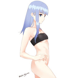 Rule 34 | 10s, 1girl, armpits, bandeau, bare arms, bare legs, bare shoulders, black tube top, blue eyes, blue hair, blunt bangs, bottomless, breasts, closed mouth, commentary request, eight tohyama, female focus, from side, hand on own hip, hatsukaze (kancolle), hime cut, kantai collection, legs, light blue hair, long hair, looking at viewer, looking to the side, neck, serious, simple background, single bare arm, small breasts, solo, standing, strapless, tube top, twitter username, underboob, white background