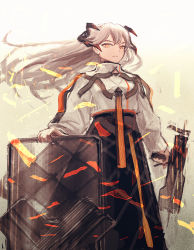 Rule 34 | 1girl, @ @, arknights, black skirt, closed mouth, commentary request, dragon horns, feet out of frame, floating hair, frown, high-waist skirt, highres, holding, holding shield, holding weapon, horns, long hair, long skirt, long sleeves, looking at viewer, orange eyes, partial commentary, roncele, saria (arknights), shield, shirt, silver hair, skirt, solo, syringe gun, weapon, white shirt