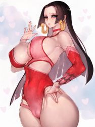 Rule 34 | 1girl, bare shoulders, black hair, blue eyes, boa hancock, breasts, cameltoe, cleavage, cleft of venus, closed mouth, cowboy shot, detached sleeves, earrings, fumio (rsqkr), grey background, hand on own hip, highres, jewelry, large breasts, leotard, long hair, looking to the side, one piece, red leotard, sideboob, simple background, snake earrings, solo, standing, thighs, white background