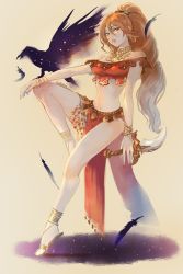 Rule 34 | 1girl, anklet, armlet, armpits, bracelet, breasts, brown eyes, brown hair, circlet, dancer, earrings, full body, harem outfit, jewelry, knife, long hair, looking at viewer, medium breasts, midriff, navel, necklace, octopath traveler, octopath traveler i, primrose azelhart, regan (hatsumi), simple background, solo, weapon