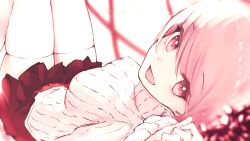 Rule 34 | 1girl, blurry, blurry foreground, breasts, highres, knees up, large breasts, long sleeves, looking at viewer, looking back, lying, open mouth, original, pink eyes, pink hair, pink theme, reizouko, skirt, smile, solo, sweater, thighhighs, thighs, turtleneck, turtleneck sweater, white background, white sweater, white thighhighs