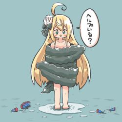 Rule 34 | 1girl, ahoge, albacore (azur lane), azur lane, barefoot, blonde hair, blush stickers, bound, bow, collarbone, dripping, flower, full body, hair between eyes, hair bow, hair flower, hair ornament, highres, koru koruno, long hair, looking at viewer, open mouth, puddle, seaweed, sidelocks, simple background, solo, speech bubble, standing, tied up (nonsexual)