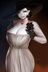 Rule 34 | 1girl, alcina dimitrescu, black flower, black gloves, black hair, black rose, breasts, cleavage, dress, earrings, easonx, flower, gloves, hat, highres, jewelry, large breasts, lipstick, looking at viewer, makeup, necklace, pale skin, resident evil, resident evil village, rose, short hair, simple background, smile, solo, sun hat, white dress, yellow eyes
