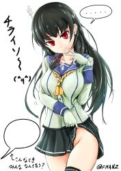 Rule 34 | ..., 10s, 1girl, bad id, bad pixiv id, black hair, black thighhighs, breasts, clothes lift, cowboy shot, franz (217franz), gloves, hair ribbon, highres, isokaze (kancolle), kantai collection, long hair, long sleeves, looking at viewer, no panties, pleated skirt, red eyes, ribbon, school uniform, serafuku, simple background, single thighhigh, skirt, skirt lift, solo, spoken ellipsis, standing, thigh gap, thighhighs, translation request, tress ribbon, twitter username, white background, white gloves