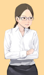 Rule 34 | 1girl, black skirt, blue-framed eyewear, braid, brown eyes, brown hair, clenched teeth, collared shirt, covering privates, covering breasts, crossed arms, dress shirt, glasses, highres, inamitsu shinji, lips, long hair, long sleeves, looking at viewer, looking to the side, original, shirt, skirt, solo, teeth, twin braids, twintails, white shirt, yellow background