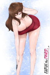 Rule 34 | 1girl, bare shoulders, bent over, breasts, brown hair, cleavage, closed eyes, gradient background, highres, huge breasts, knife, legs, libre, long hair, long legs, lupin iii, mine fujiko, shiny skin, solo, thighs