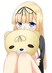 1girl alternate_eye_color black_ribbon black_serafuku blonde_hair blue_eyes blunt_bangs hugging_doll hair_ribbon highres kantai_collection long_hair looking_at_viewer hugging_object ribbon rikkii_(likito_yuzu_is) school_uniform serafuku simple_background sitting solo straight_hair stuffed_animal stuffed_toy teddy_bear upper_body white_background yuudachi_(kancolle)