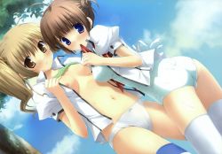 Rule 34 | 2girls, absurdres, ass, blonde hair, blue eyes, blush, breasts, brown eyes, clothes lift, cloud, day, dutch angle, highres, huge filesize, ikegami akane, light brown hair, looking at viewer, makiya sumika, medium breasts, mouth hold, multiple girls, navel, nipples, one-piece swimsuit, open clothes, open shirt, panties, ribbon, ribbon in mouth, school swimsuit, school uniform, shirt, shirt lift, side ponytail, sky, swimsuit, swimsuit under clothes, tezuka yumimi, thighhighs, underwear, undressing, white legwear, white panties, white school swimsuit, white one-piece swimsuit, with ribbon