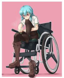 Rule 34 | 1girl, aqua hair, bandaged leg, bandages, bandaid, bandaid on face, boots, border, brown footwear, brown pantyhose, chinese commentary, closed mouth, commentary request, feet, foot up, full body, green skirt, hair between eyes, hakurei fling, highres, knee up, long hair, miniskirt, no shoes, original, panties, panties under pantyhose, pantyhose, pink background, pleated skirt, purple eyes, short sleeves, sidelocks, single boot, sitting, skirt, smell, soles, solo, steaming body, thighband pantyhose, toes, underwear, wheelchair, white border, white panties