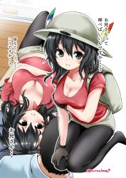 Rule 34 | 10s, 1boy, 1girl, adapted costume, alternate breast size, backpack, bag, black gloves, black hair, blush, breasts, bucket hat, collarbone, comic, commentary request, downblouse, embarrassed, futon, gloves, green eyes, grey shorts, hair between eyes, hand on own knee, hat, hat feather, highres, indoors, kaban (kemono friends), kemono friends, kuroba dam, looking at viewer, looking away, looking to the side, lying, medium breasts, medium hair, no bra, no shoes, on back, pantyhose, pantyhose under shorts, red shirt, red skirt, shirt, short shorts, short sleeves, shorts, sitting, skirt, solo focus, tareme, thigh gap, translation request, twitter username, wariza, wooden floor