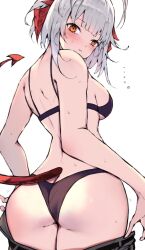 Rule 34 | 1girl, arknights, ass, black panties, blush, butt crack, clothes pull, demon tail, from behind, highres, kyuu (plastic night q), looking at viewer, looking back, orange eyes, panties, pants, pants pull, red eyes, simple background, solo, sweat, tail, underwear, w (arknights), white background, white hair