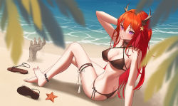 Rule 34 | 1girl, :o, anklet, arknights, arm up, ass, bad anatomy, bare arms, bare shoulders, barefoot, beach, bikini, black bikini, blush, breasts, brown footwear, butt crack, chain, cleavage, criss-cross halter, day, hair between eyes, hair ornament, hair rings, halterneck, hand in own hair, horns, jewelry, knee up, large breasts, nail polish, official alternate costume, on ground, open mouth, outdoors, pink nails, purple eyes, red hair, sand sculpture, sandals, unworn sandals, side-tie bikini bottom, sitting, skindentation, solo, star (symbol), star hair ornament, starfish, surtr (arknights), surtr (colorful wonderland) (arknights), swimsuit, toenail polish, toenails, twisted torso, water, z.m. (zimin)