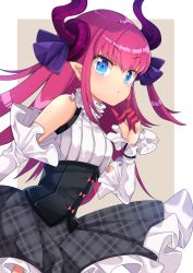 Rule 34 | 10s, 1girl, blue eyes, commentary request, detached sleeves, dragon horns, dragon tail, elizabeth bathory (fate), elizabeth bathory (fate/extra ccc), elizabeth bathory (second ascension) (fate), fate/extra, fate/extra ccc, fate (series), highres, horns, long hair, looking at viewer, mozzarella, plaid, plaid skirt, pointy ears, purple hair, simple background, skirt, solo, tail, two side up