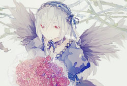 Rule 34 | 1girl, black wings, bouquet, choker, flower, gothic lolita, hairband, holding, lolita fashion, lolita hairband, long hair, puffy sleeves, red eyes, rozen maiden, silver hair, solo, suigintou, upper body, wings, xiaohan6th