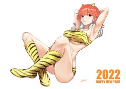 Rule 34 | 1girl, 2022, absurdres, alternate costume, animal print, aqua hair, armpits, arms behind head, arms up, bandeau, boots, breasts, crossed ankles, earrings, feather earrings, feathers, full body, gradient hair, happy new year, highres, hololive, hololive english, horns, jewelry, knee boots, large breasts, leaning back, legs, loincloth, looking at viewer, multicolored hair, new year, orange hair, parted lips, pink eyes, signature, simple background, sitting, solo, takanashi kiara, thighs, tiger print, tiger stripes, underboob, virtual youtuber, white background, zeiss
