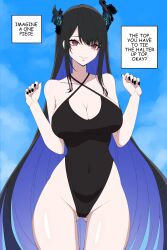 Rule 34 | 1girl, absurdres, asymmetrical horns, black hair, black horns, black nails, black one-piece swimsuit, blue hair, blue sky, breasts, cleavage, closed mouth, cloud, covered navel, day, daydarion, english text, gluteal fold, groin, hands up, highleg, highleg swimsuit, highres, hololive, hololive english, horns, large breasts, long hair, mole, mole under eye, nerissa ravencroft, one-piece swimsuit, outdoors, red eyes, sky, smile, solo, speech bubble, swimsuit, very long hair, virtual youtuber