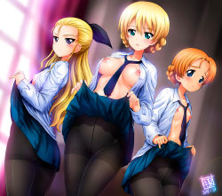 Rule 34 | 10s, 3girls, aqua eyes, ass, assam (girls und panzer), between breasts, black legwear, black ribbon, blonde hair, blue eyes, blue neckwear, blue skirt, blush, braid, breasts, closed mouth, clothes lift, collarbone, collared shirt, crotch seam, curtains, darjeeling (girls und panzer), dated, dress shirt, dutch angle, furrowed brow, girls und panzer, hair ribbon, highres, indoors, kamogawa tanuki, lifting own clothes, long hair, long sleeves, looking at viewer, medium breasts, multiple girls, necktie, necktie between breasts, nipples, open clothes, open shirt, orange pekoe (girls und panzer), pantyhose, parted lips, purple eyes, ribbon, school uniform, shirt, skirt, skirt lift, small breasts, smile, st. gloriana&#039;s school uniform, standing, thighband pantyhose, thighs, very long hair, white shirt, wing collar