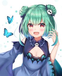 Rule 34 | 1girl, :d, absurdres, blue bow, blue dress, blue sleeves, blush, bow, breasts, bug, butterfly, cleavage, commentary request, detached sleeves, double bun, dress, fang, green hair, hair bow, hair bun, hair ornament, hand up, highres, hololive, insect, long sleeves, looking at viewer, namekuji ojiichan, open mouth, red eyes, short hair, simple background, skin fang, skull hair ornament, sleeveless, sleeveless dress, small breasts, smile, solo, uruha rushia, uruha rushia (1st costume), virtual youtuber, white background, wide sleeves