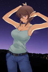 Rule 34 | 00s, 1girl, armpits, breasts, brown hair, casual, cleavage, denim, heterochromia, jeans, large breasts, aged up, pants, rozen maiden, short hair, solo, souseiseki, tank top