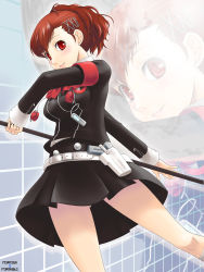 Rule 34 | 1girl, atlus, breasts, digital media player, female focus, persona, persona 3, persona 3 portable, red eyes, red hair, shiomi kotone, short hair, smile, solo, staff, yaso shigeru, zoom layer