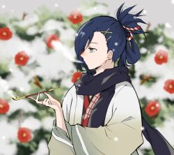 Rule 34 | 1boy, blue hair, fire emblem, fire emblem engage, folded ponytail, hair ornament, highres, holding, japanese clothes, kagetsu (fire emblem), kimono, long sleeves, looking to the side, male focus, medium hair, nintendo, oda32t, scarf, smoking, smoking pipe, solo, upper body, yellow eyes