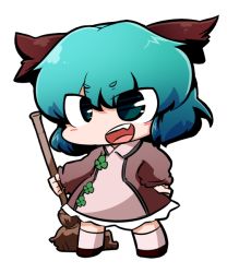 Rule 34 | 1girl, animal ears, bad id, bad pixiv id, blush, blush stickers, broom, buttons, clover, fang, female focus, four-leaf clover, green eyes, green hair, kasodani kyouko, matching hair/eyes, nura (oaaaaaa), open mouth, simple background, solo, touhou