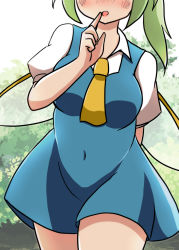 Rule 34 | 1girl, ascot, blue dress, blush, breasts, collared shirt, commentary request, covered navel, daiyousei, dress, fairy wings, green hair, hand on own face, head out of frame, highres, medium breasts, open mouth, pinafore dress, ponytail, puffy short sleeves, puffy sleeves, shirt, short dress, short hair, short sleeves, sleeveless dress, takami13, thighs, touhou, white shirt, wings, yellow ascot