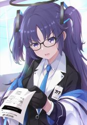Rule 34 | 1girl, absurdres, aka (440626), bespectacled, blouse, blue archive, blue necktie, blush, glasses, gloves, halo, highres, holding, id card, jacket, long hair, lower teeth only, necktie, off shoulder, open mouth, purple hair, receipt, school uniform, shirt, solo, teeth, two side up, vest, white shirt, yuuka (blue archive)