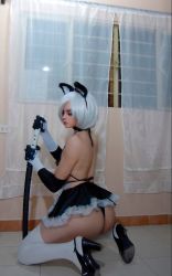 Rule 34 | 1boy, absurdres, androgynous, animal ears, ass, ass focus, butt crack, cosplay, crossdressing, curtains, curvy, darkwaifutrap, elbow gloves, fake animal ears, gloves, high heels, highleg, highleg panties, highres, holding, holding sword, holding weapon, huge ass, indoors, katana, kneeling, lips, lipstick, looking at viewer, looking back, maid, maid headdress, makeup, male focus, nier (series), on floor, panties, photo (medium), short hair, solo, standing, sword, thighhighs, thong, trap, underwear, weapon, white hair, white thighhighs, window, 2b (nier:automata), 2b (nier:automata) (cosplay)