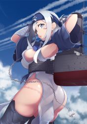 Rule 34 | 10s, 1girl, ainu, ainu clothes, blue eyes, blue headband, breasts, chain, cloud, cloudy sky, cropped jacket, day, folded ponytail, hair between eyes, headband, kamoi (kancolle), kantai collection, large breasts, long hair, mku, open mouth, pelvic curtain, sidelocks, sky, solo, white hair