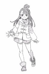 Rule 34 | 1girl, arms at sides, artist name, asymmetrical bangs, blunt bangs, blunt ends, boots, closed mouth, coat, floating hair, full body, grey eyes, grey footwear, grey hair, grey shorts, grey sweater, greyscale, highres, hood, hood down, hooded coat, kagari atsuko, little witch academia, long hair, long sleeves, looking at viewer, monochrome, one side up, rioco, shorts, simple background, smile, solo, straight hair, sweater, swept bangs, tareme, white background, white coat
