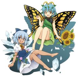 Rule 34 | 2girls, antennae, aqua hair, bare legs, barefoot, blue bow, blue dress, blue eyes, blue hair, bow, brown eyes, butterfly wings, cirno, detached wings, dress, eternity larva, fairy, flower, full body, green dress, hair between eyes, hair bow, hirasaka makoto, ice, ice wings, insect wings, leaf, leaf on head, morning glory, multicolored clothes, multicolored dress, multiple girls, official art, open mouth, puffy short sleeves, puffy sleeves, purple flower, round teeth, shirt, short hair, short sleeves, simple background, single strap, smile, sunflower, tanned cirno, teeth, touhou, touhou sangetsusei, upper teeth only, white background, white shirt, wings, yellow flower