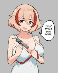 Rule 34 | 1girl, absurdres, azur lane, blonde hair, bomb, breasts, brown eyes, camisole, camisole pull, cleavage, clothes pull, collarbone, commentary, english commentary, english text, explosive, grey background, highres, holding, holding weapon, large breasts, left 4 dead, looking at viewer, multicolored hair, parallelrey, pipe bomb, red hair, red ribbon, ribbon, roon (azur lane), short hair, solo, speech bubble, streaked hair, upper body, weapon, white camisole