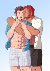 Rule 34 | 2boys, abs, absurdres, bara, beard, brown hair, bulge, commission, facial hair, fate/grand order, fate (series), feet out of frame, goatee, hands on another&#039;s arm, happy, highres, hug, hug from behind, iskandar (fate), kiss, kissing cheek, long sideburns, male focus, mature male, multiple boys, muscular, muscular male, napoleon bonaparte (fate), navel, navel hair, nipples, red hair, second-party source, short hair, sideburns, stomach, thick eyebrows, yaoi, yorumaell