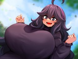 Rule 34 | 1girl, @ @, absurdres, ahoge, blush, breasts, creatures (company), dress, female focus, game freak, hex maniac (pokemon), highres, huge breasts, long hair, looking at viewer, matching hair/eyes, nintendo, open mouth, pokemon, pokemon xy, purple eyes, purple hair, smile, solo, sweatdrop, the only shoe, upper body