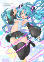 Rule 34 | 1girl, ahoge, aqua eyes, aqua hair, boots, character name, detached sleeves, full body, hatsune miku, highres, long hair, looking at viewer, maru-pen, microphone, nail polish, necktie, one eye closed, open clothes, open mouth, open shirt, panties, shirt, skindentation, skirt, solo, star (symbol), striped clothes, striped panties, thigh boots, thighhighs, twintails, underwear, very long hair, vocaloid