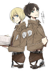 Rule 34 | 2boys, armin arlert, back-to-back, bad id, bad pixiv id, black hair, blonde hair, book, clothes grab, eren yeager, friends, from side, jacket, male focus, multiple boys, open book, shingeki no kyojin, short hair, translation request, white background, xia (ryugo)